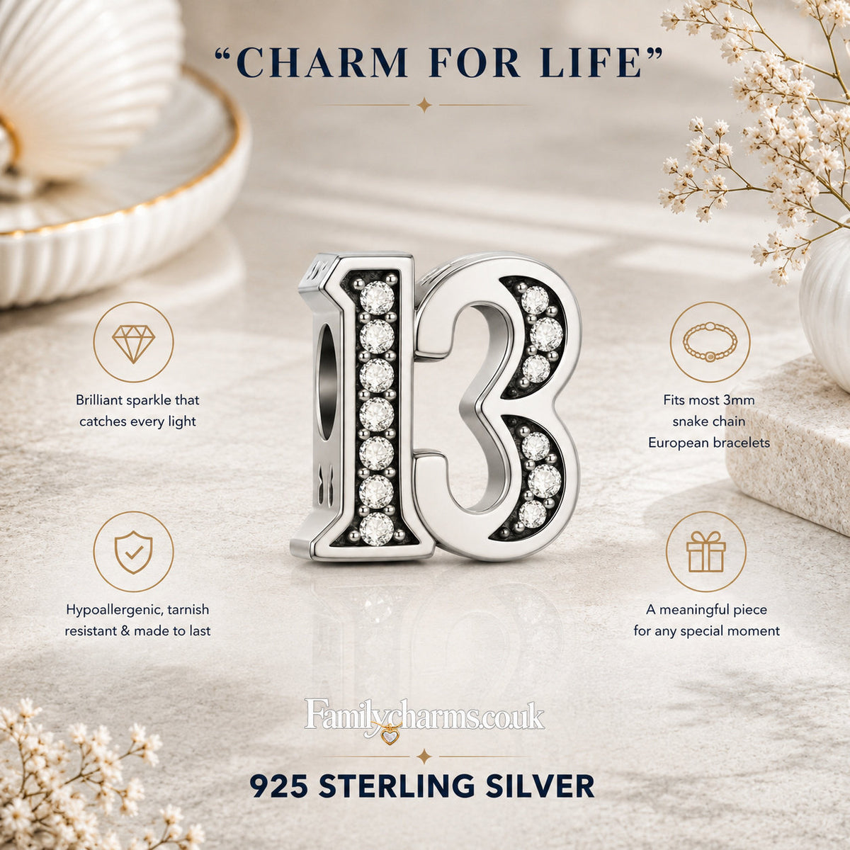 13th Birthday Sterling Silver Charm Hallmarked S925 for Charm Bracelet and Necklace