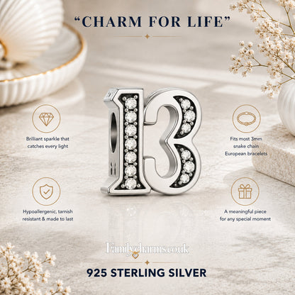 13th Birthday Sterling Silver Charm Hallmarked S925 for Charm Bracelet and Necklace