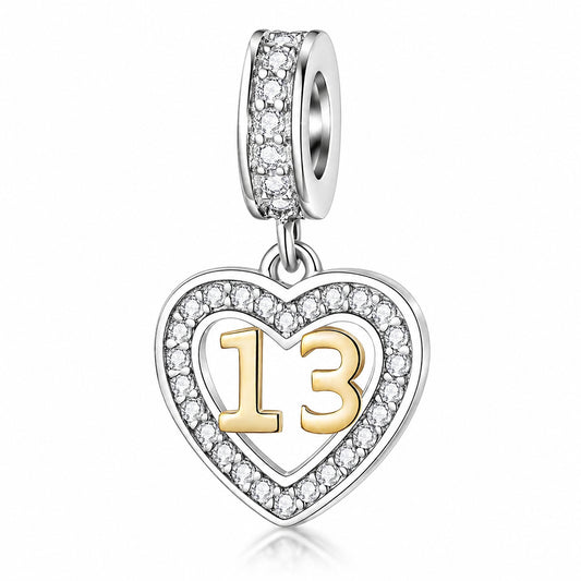 Golden 13th Birthday Number Dangle Sterling Silver Charm Hallmarked S925 for Charm Bracelet and Necklace