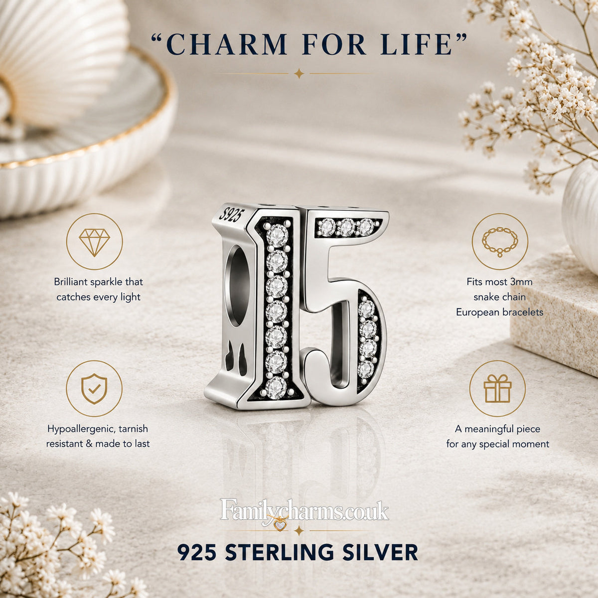15th Birthday Sterling Silver Charm Hallmarked S925 for Charm Bracelet and Necklace