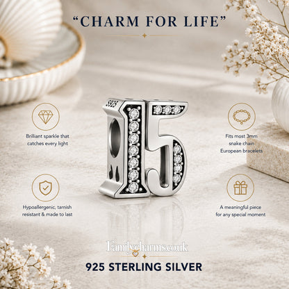 15th Birthday Sterling Silver Charm Hallmarked S925 for Charm Bracelet and Necklace