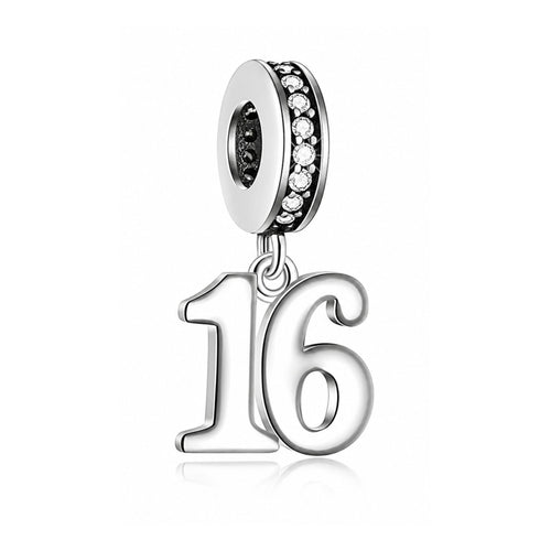 16 Number Birthday Dangle Charm Hallmarked S925 for Charm Bracelet and Necklace