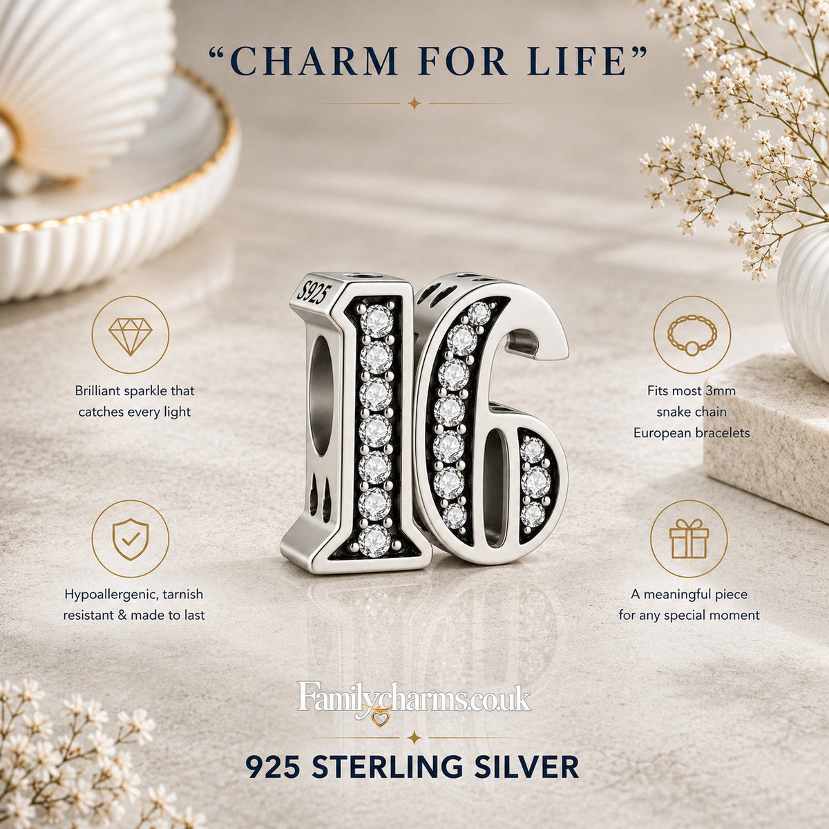 16th Birthday Sterling Silver Charm Hallmarked S925 for Charm Bracelet and Necklace