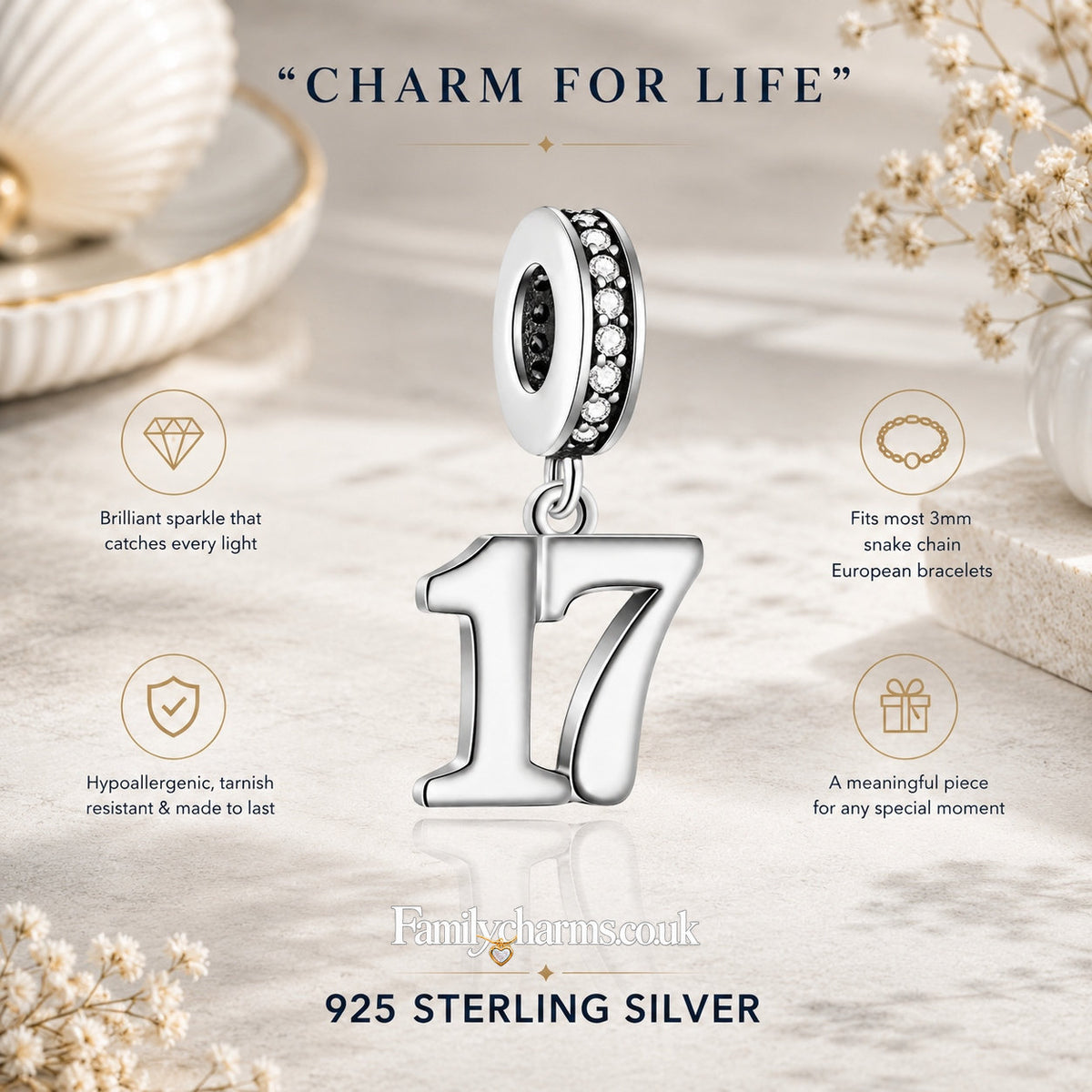 17th Birthday Dangle Charm Sterling Silver Charm Hallmarked S925 for Charm Bracelet and Necklace
