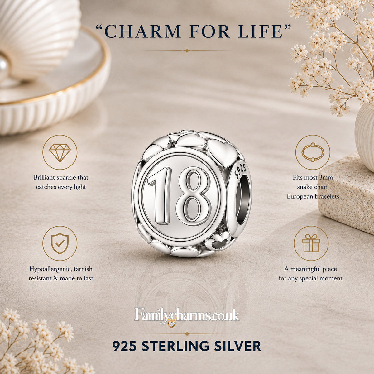 18th Birthday Bead Sterling Silver Charm Hallmarked S925 for Charm Bracelet and Necklace