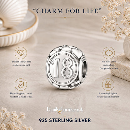 18th Birthday Bead Sterling Silver Charm Hallmarked S925 for Charm Bracelet and Necklace