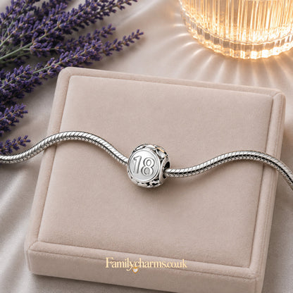 18th Birthday Bead Sterling Silver Charm Hallmarked S925 for Charm Bracelet and Necklace
