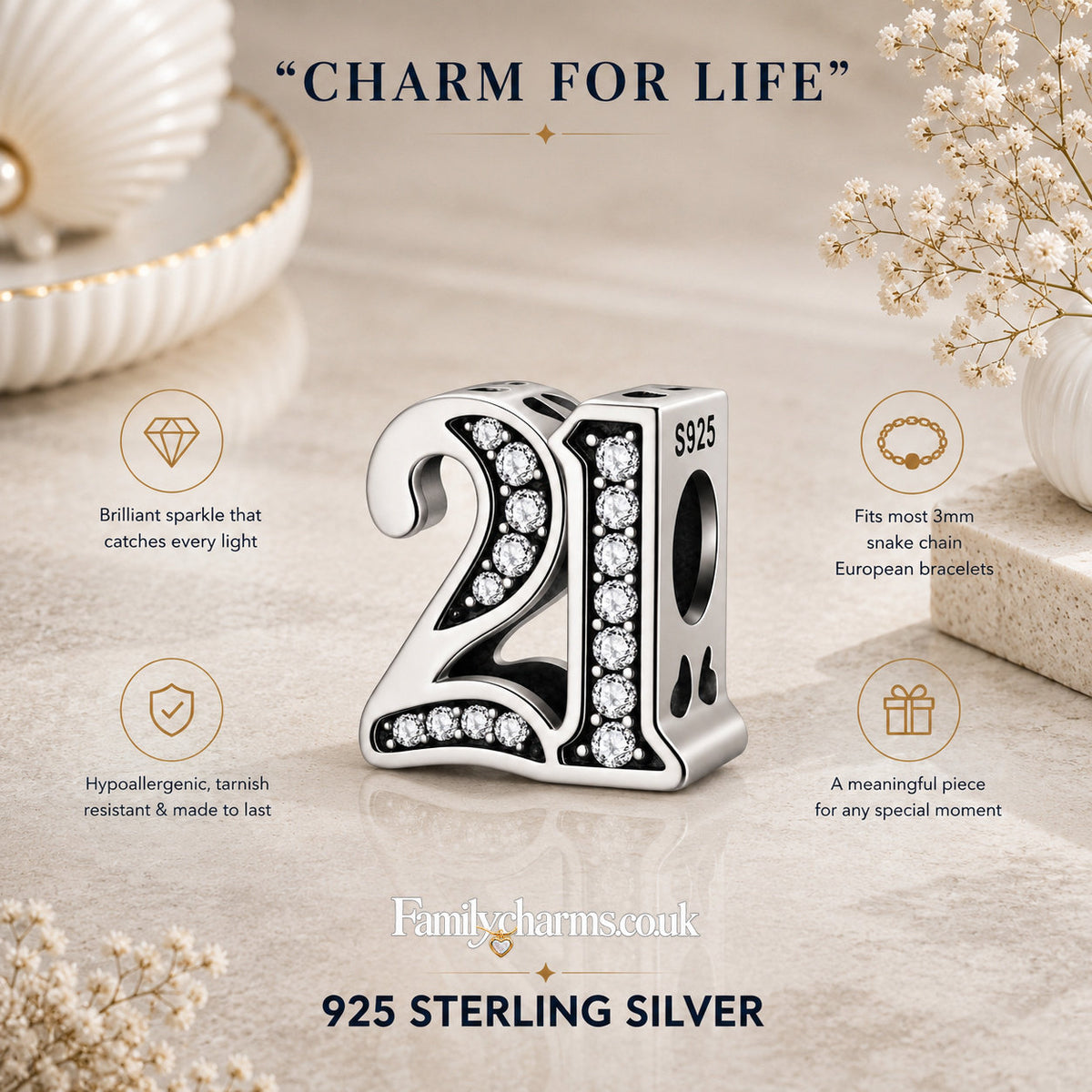 21st Birthday Sterling Silver Charm Hallmarked S925 for Charm Bracelet and Necklace