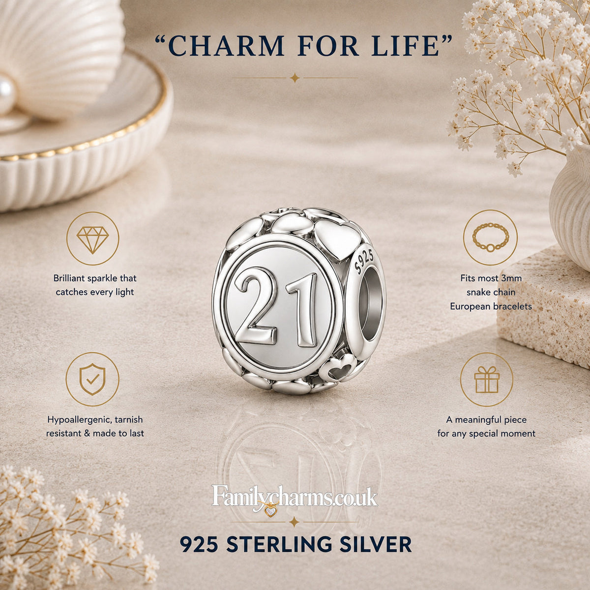 21st Birthday Bead Sterling Silver Charm Hallmarked S925 for Charm Bracelet and Necklace