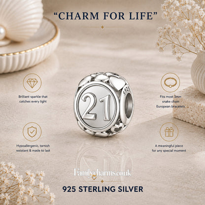 21st Birthday Bead Sterling Silver Charm Hallmarked S925 for Charm Bracelet and Necklace
