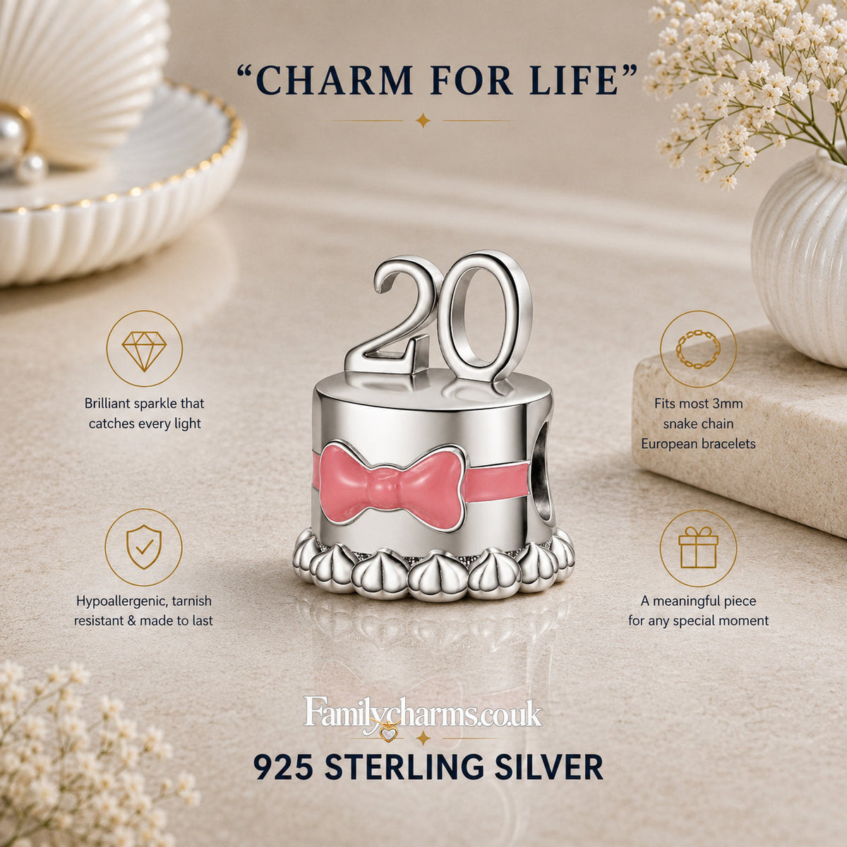 20th Happy Birthday Cake Sterling Silver Charm Hallmarked S925 for Charm Bracelet and Necklace