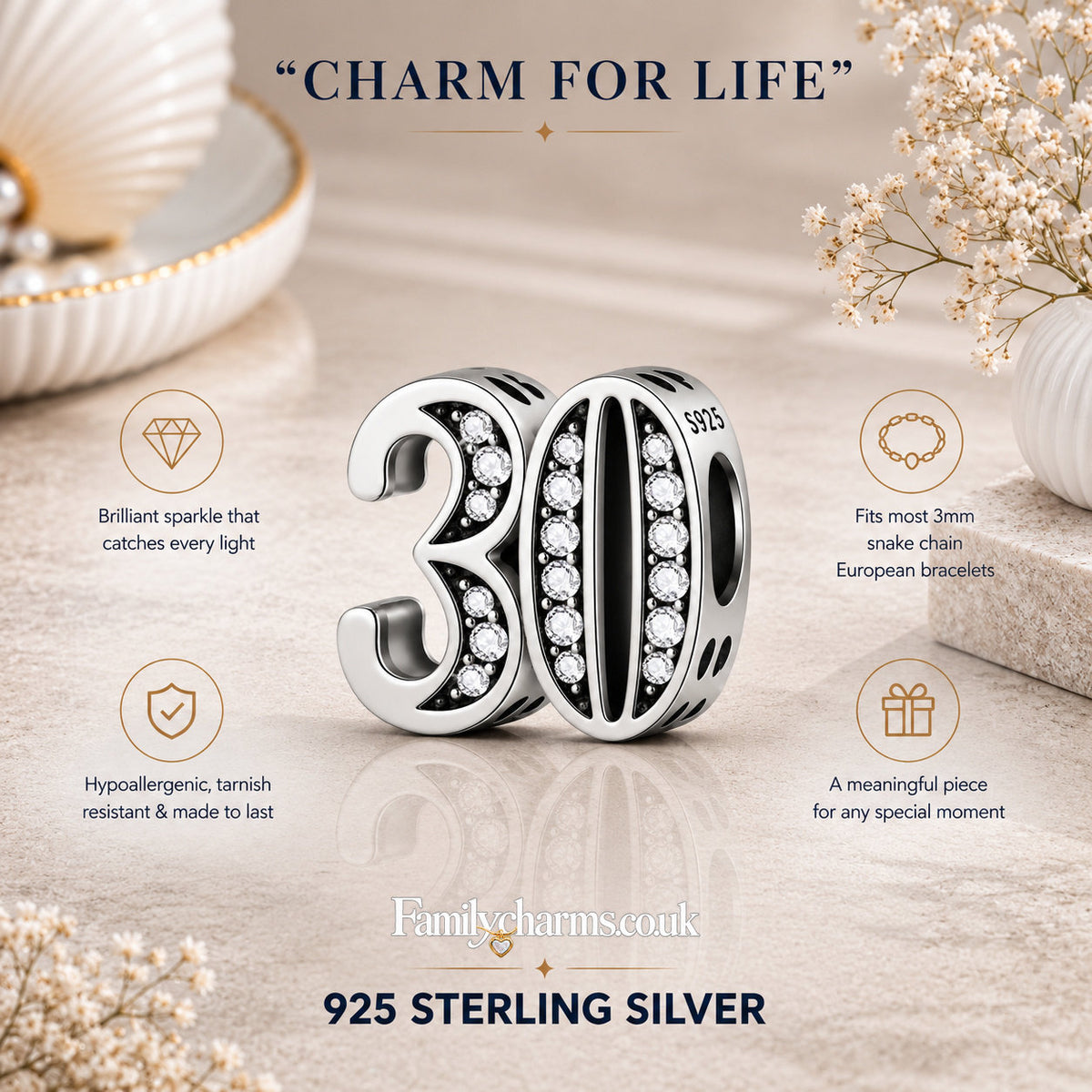 30th Birthday Sterling Silver Charm Hallmarked S925 for Charm Bracelet and Necklace