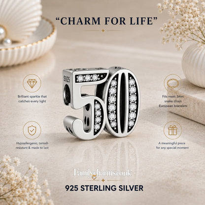 50th Birthday Sterling Silver Charm Hallmarked S925 for Charm Bracelet and Necklace