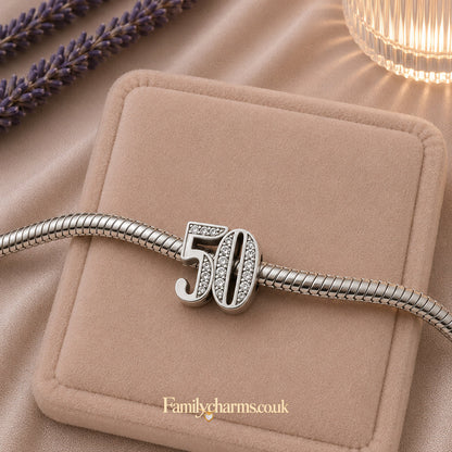 50th Birthday Sterling Silver Charm Hallmarked S925 for Charm Bracelet and Necklace
