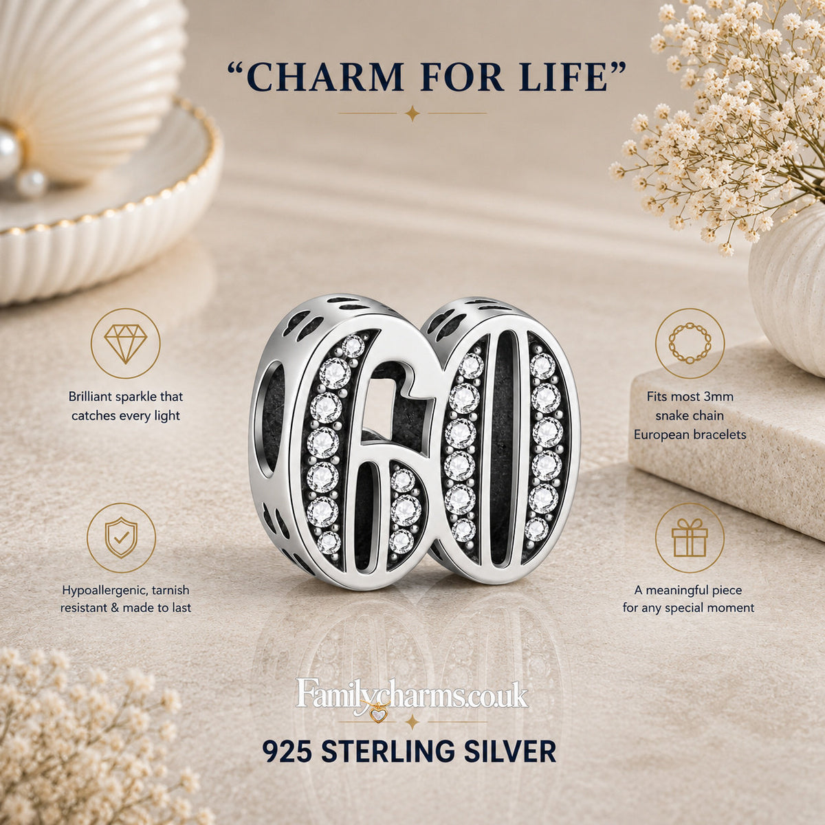60th Birthday Sterling Silver Charm Hallmarked S925 for Charm Bracelet and Necklace