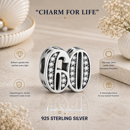 60th Birthday Sterling Silver Charm Hallmarked S925 for Charm Bracelet and Necklace