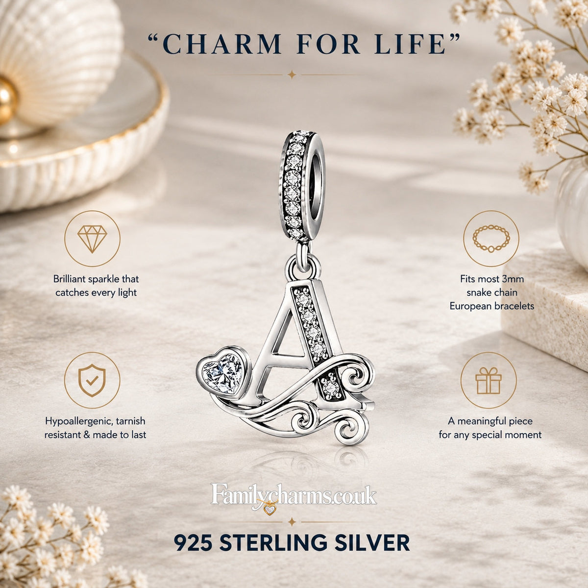 Classic Alphabet Letters A to Z Sterling Silver Dangle Charm Hallmarked S925 for Charm Bracelet and Necklace