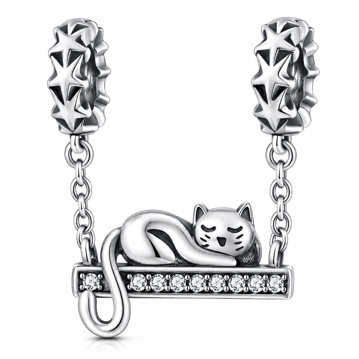 Sleeping Cat Safety Chain Sterling Silver Charm Hallmarked S925 for Charm Bracelet and Necklace