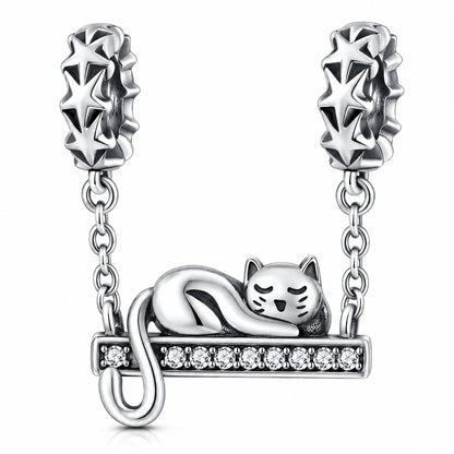 Sleeping Cat Safety Chain Sterling Silver Charm Hallmarked S925 for Charm Bracelet and Necklace