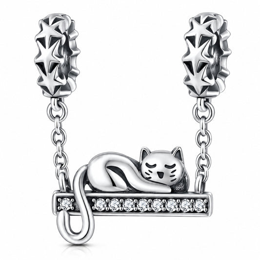 Sleeping Cat Safety Chain Sterling Silver Charm Hallmarked S925 for Charm Bracelet and Necklace