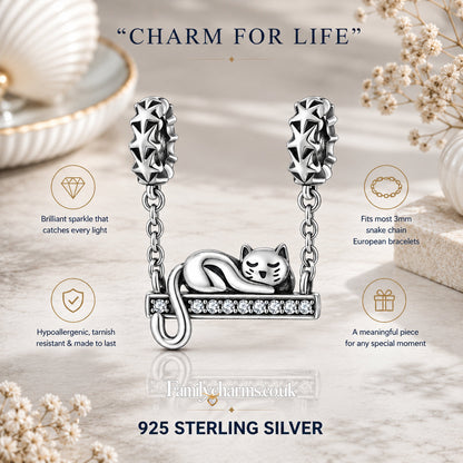 Sleeping Cat Safety Chain Sterling Silver Charm Hallmarked S925 for Charm Bracelet and Necklace