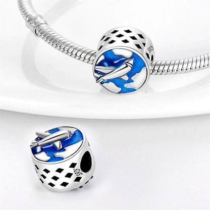 Airplane Charm World Travel Globe Pilot Plane Charm for Bracelet, S925 Sterling Silver