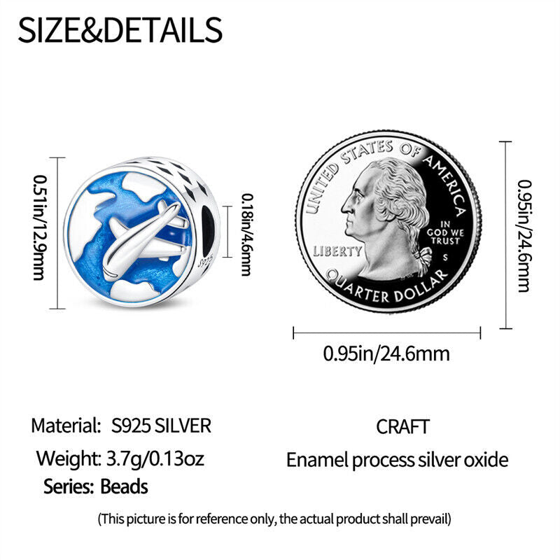 Airplane Charm World Travel Globe Pilot Plane Charm for Bracelet, S925 Sterling Silver