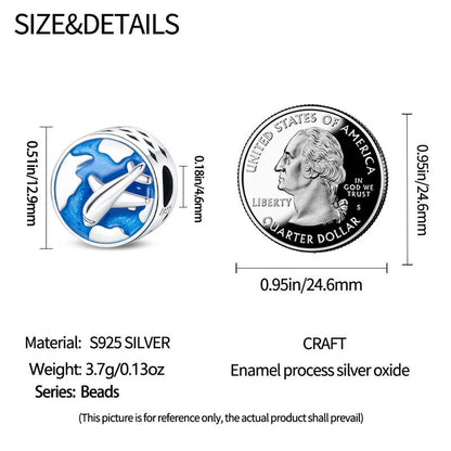 Airplane Charm World Travel Globe Pilot Plane Charm for Bracelet, S925 Sterling Silver