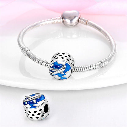 Airplane Charm World Travel Globe Pilot Plane Charm for Bracelet, S925 Sterling Silver