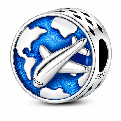 Airplane Charm World Travel Globe Pilot Plane Charm for Bracelet, S925 Sterling Silver