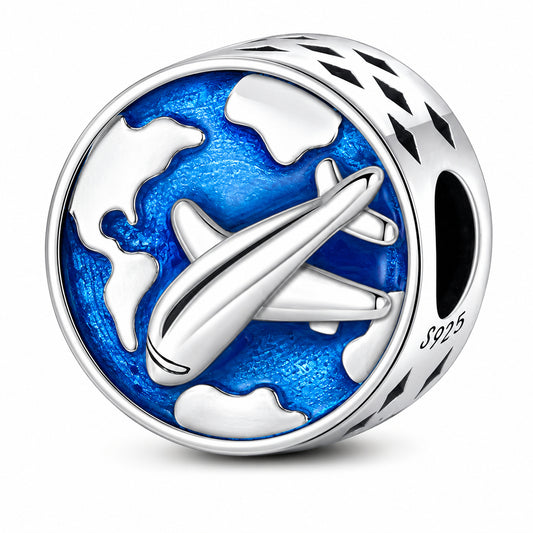 Airplane Charm World Travel Globe Pilot Plane Charm for Bracelet, S925 Sterling Silver