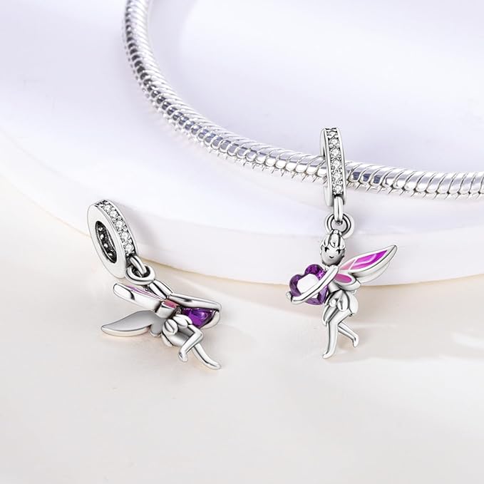 Angel Fairy with Purple Heart Charm for Bracelet, S925 Sterling Silver