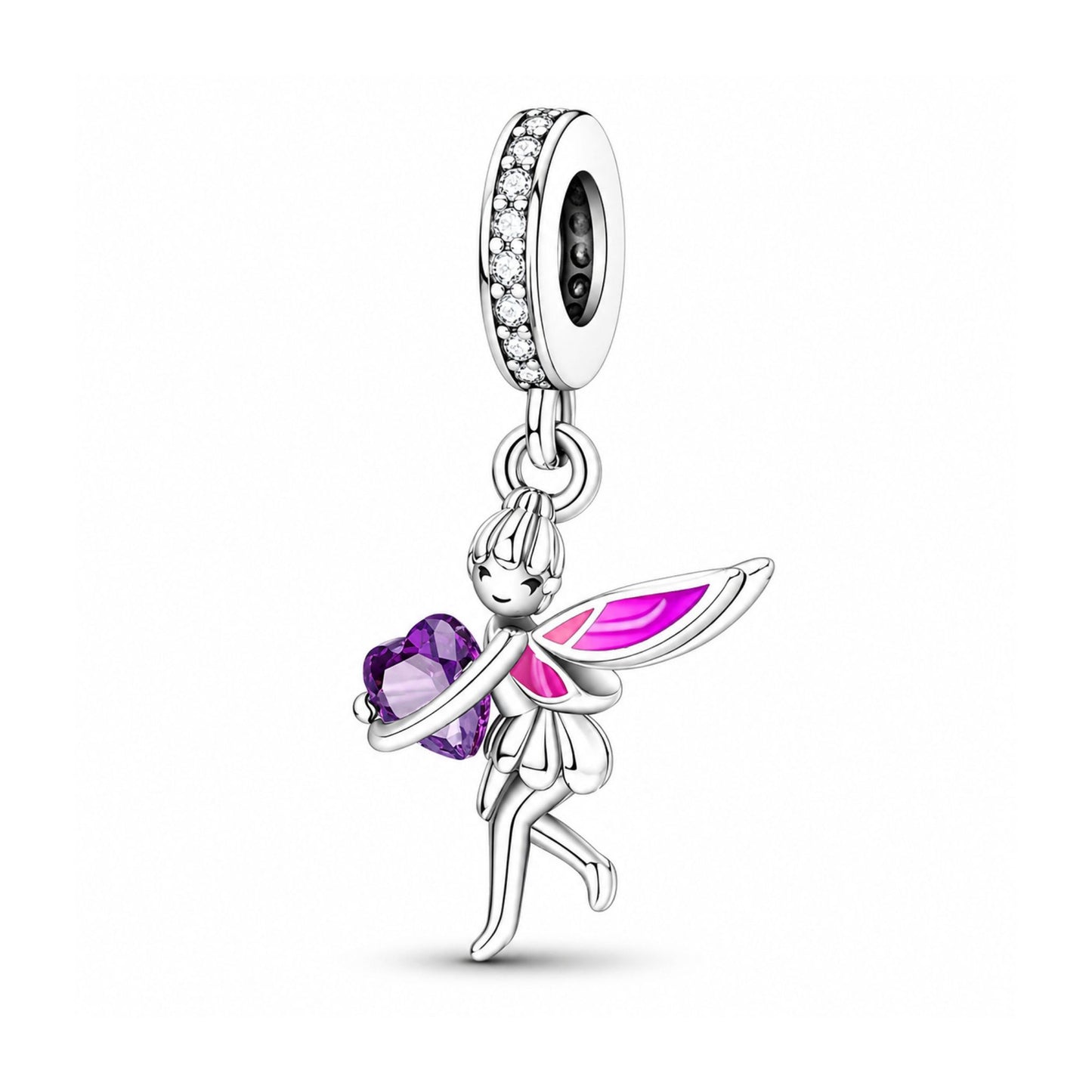 Angel Fairy with Purple Heart Charm for Bracelet, S925 Sterling Silver