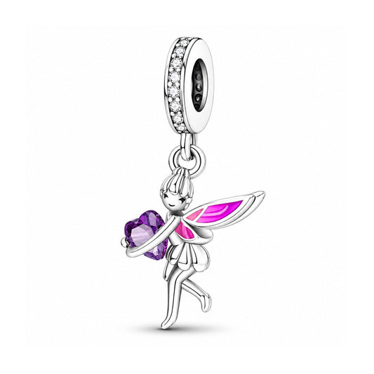 Angel Fairy with Purple Heart Charm for Bracelet, S925 Sterling Silver