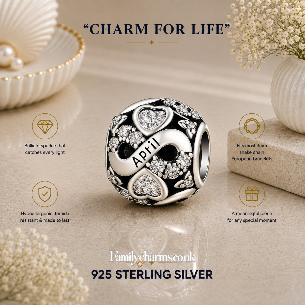 April Birthstone Infinity Birthday Bead Sterling Silver Charm Hallmarked S925 for Charm Bracelet and Necklace
