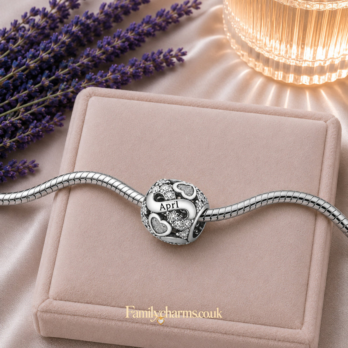 April Birthstone Infinity Birthday Bead Sterling Silver Charm Hallmarked S925 for Charm Bracelet and Necklace