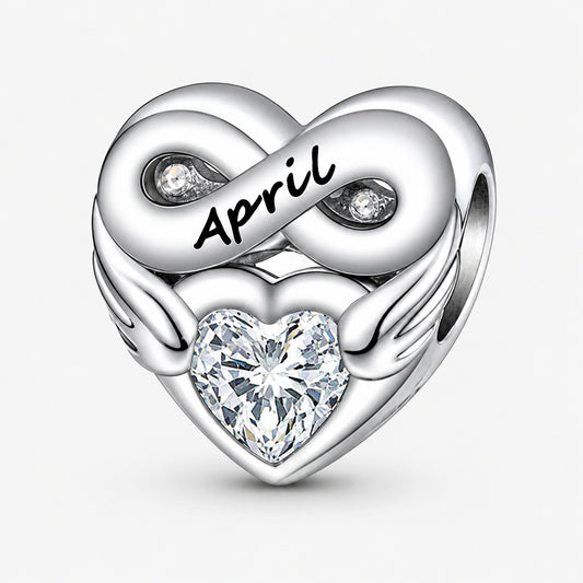 April Birthstone Months Heart Sterling Silver Charm Hallmarked S925 for Charm Bracelet and Necklace