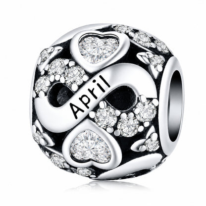 April Birthstone Infinity Birthday Bead Sterling Silver Charm Hallmarked S925 for Charm Bracelet and Necklace
