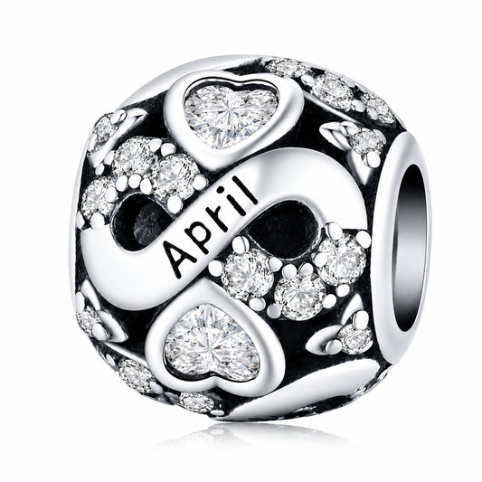 April Birthstone Infinity Birthday Bead Sterling Silver Charm Hallmarked S925 for Charm Bracelet and Necklace