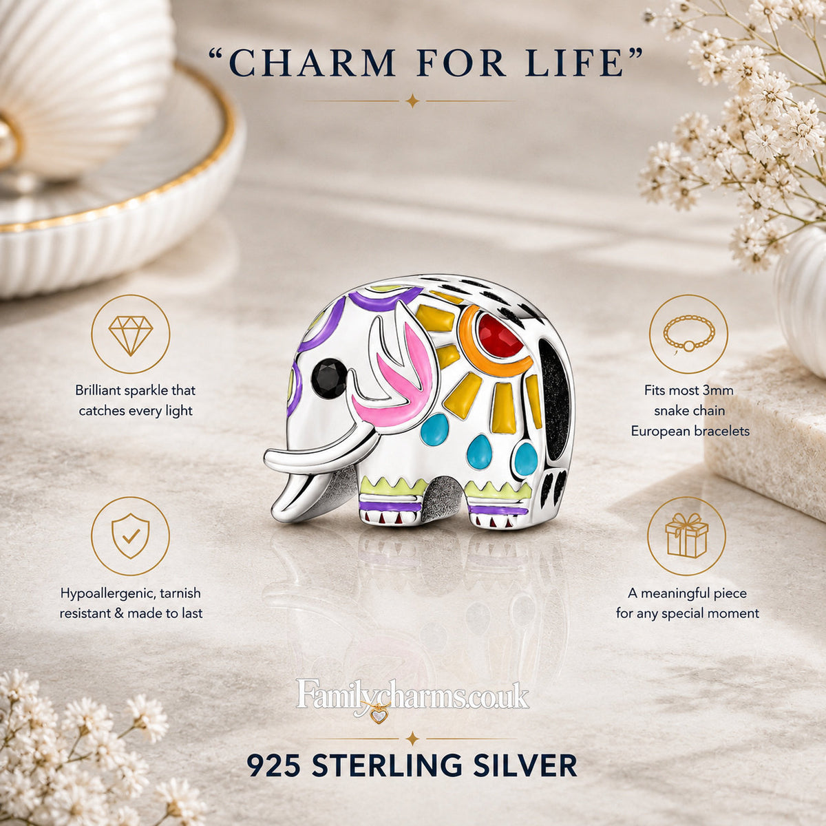 Art Elephant Sterling Silver Charm Hallmarked S925 for Charm Bracelet and Necklace