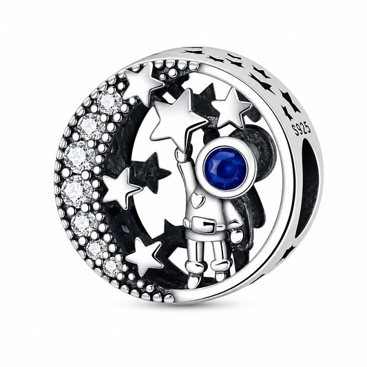 Astronaut Reach For The Stars & Moon Space Galaxy Sterling Silver Charm Hallmarked S925 for Charm Bracelet and Necklace