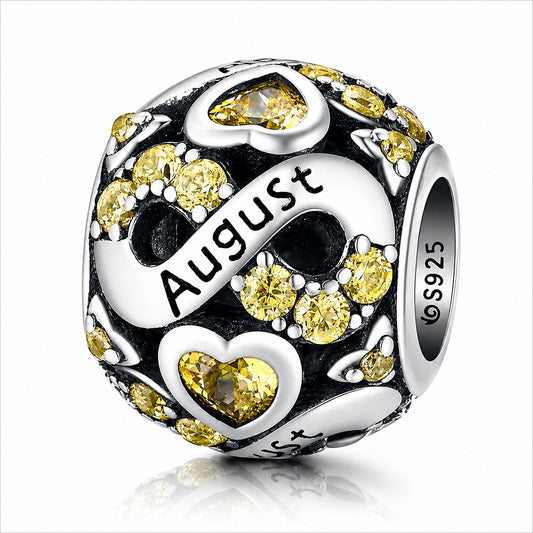 August Birthstone Infinity Birthday Bead Sterling Silver Charm Hallmarked S925 for Charm Bracelet and Necklace
