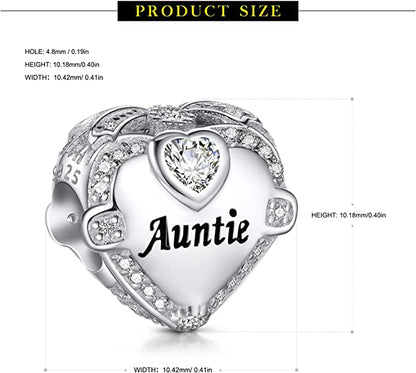 Auntie I Love You Heart Sterling Silver Charm Hallmarked S925 for Charm Bracelet and Necklace