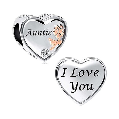 Auntie I Love You Heart Sterling Silver Charm Hallmarked S925 for Charm Bracelet and Necklace