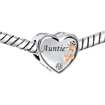 Auntie I Love You Heart Sterling Silver Charm Hallmarked S925 for Charm Bracelet and Necklace