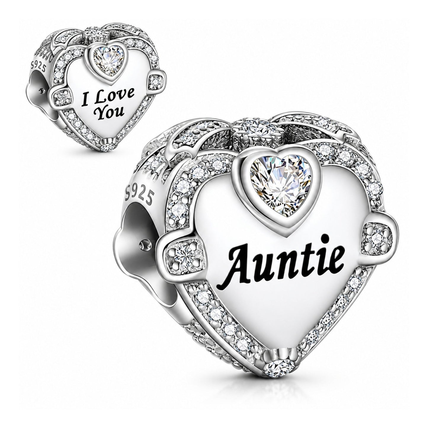 Auntie I Love You Heart Sterling Silver Charm Hallmarked S925 for Charm Bracelet and Necklace