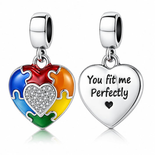 Autism Awareness You Fit Me Perfectly Puzzle Sterling Silver Charm Hallmarked S925 for Charm Bracelet and Necklace