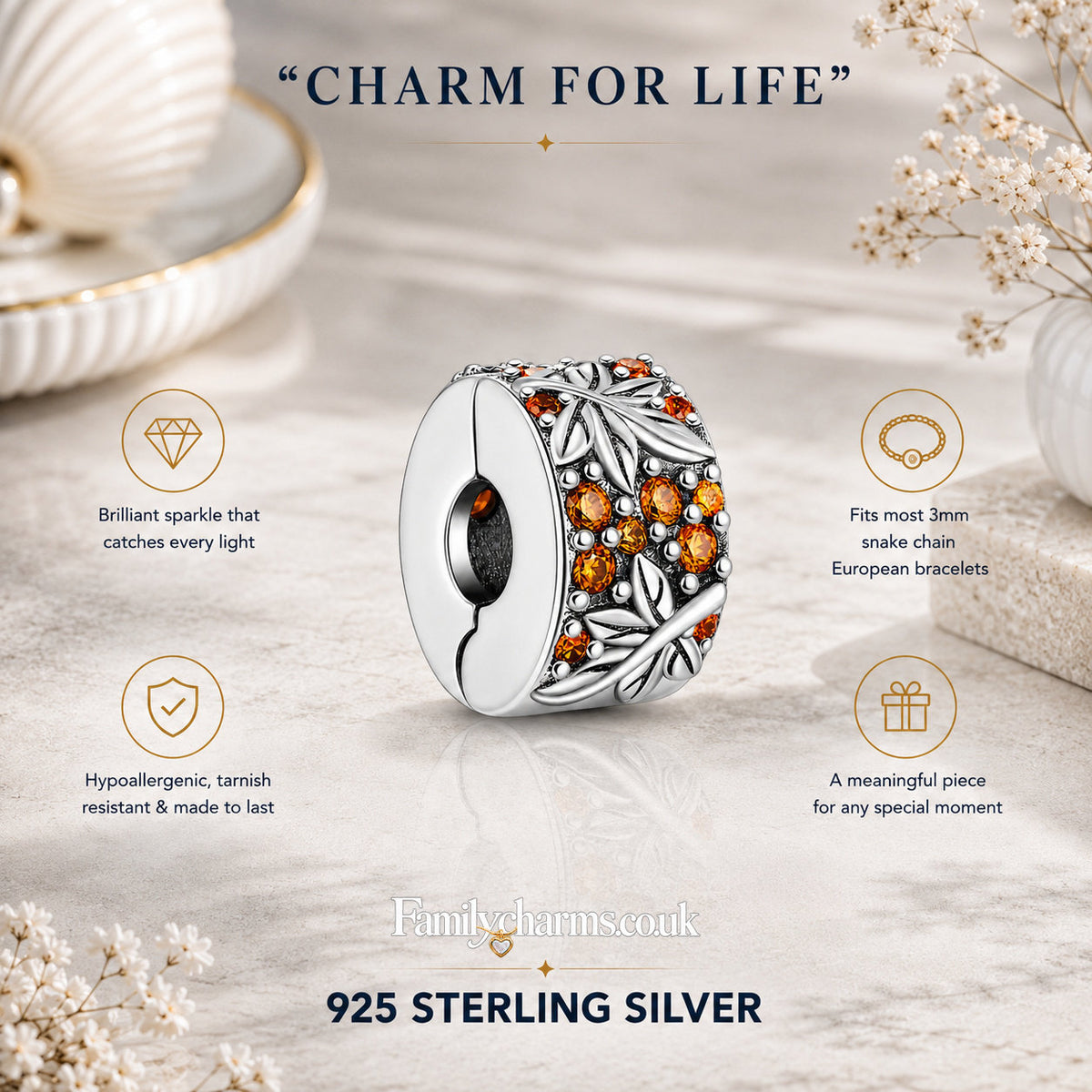 Autumn Winter Clip Sterling Silver Charm Hallmarked S925 for Charm Bracelet and Necklace