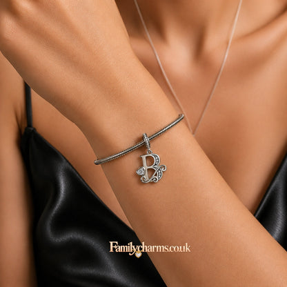 Classic Alphabet Letters A to Z Sterling Silver Dangle Charm Hallmarked S925 for Charm Bracelet and Necklace