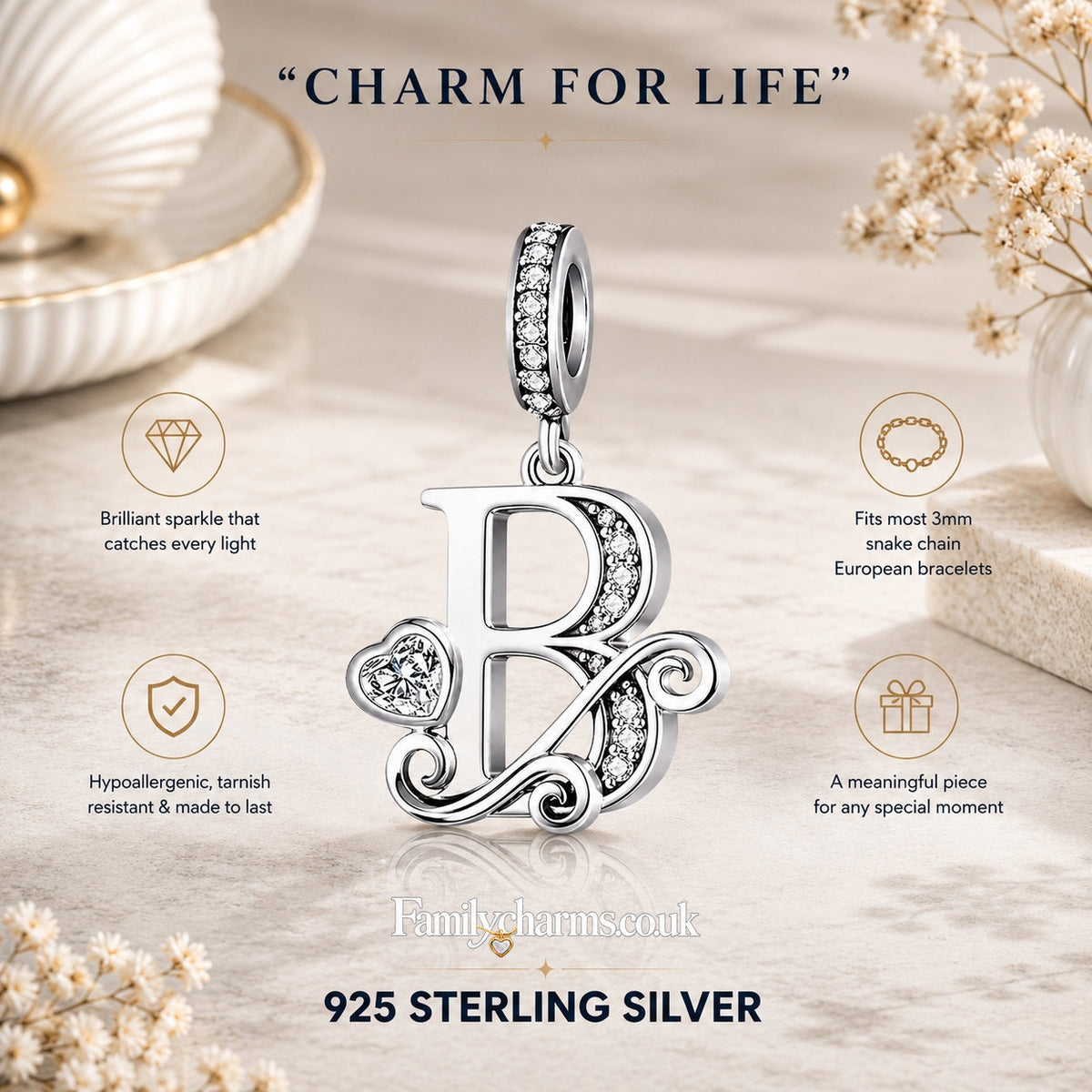 Classic Alphabet Letters A to Z Sterling Silver Dangle Charm Hallmarked S925 for Charm Bracelet and Necklace